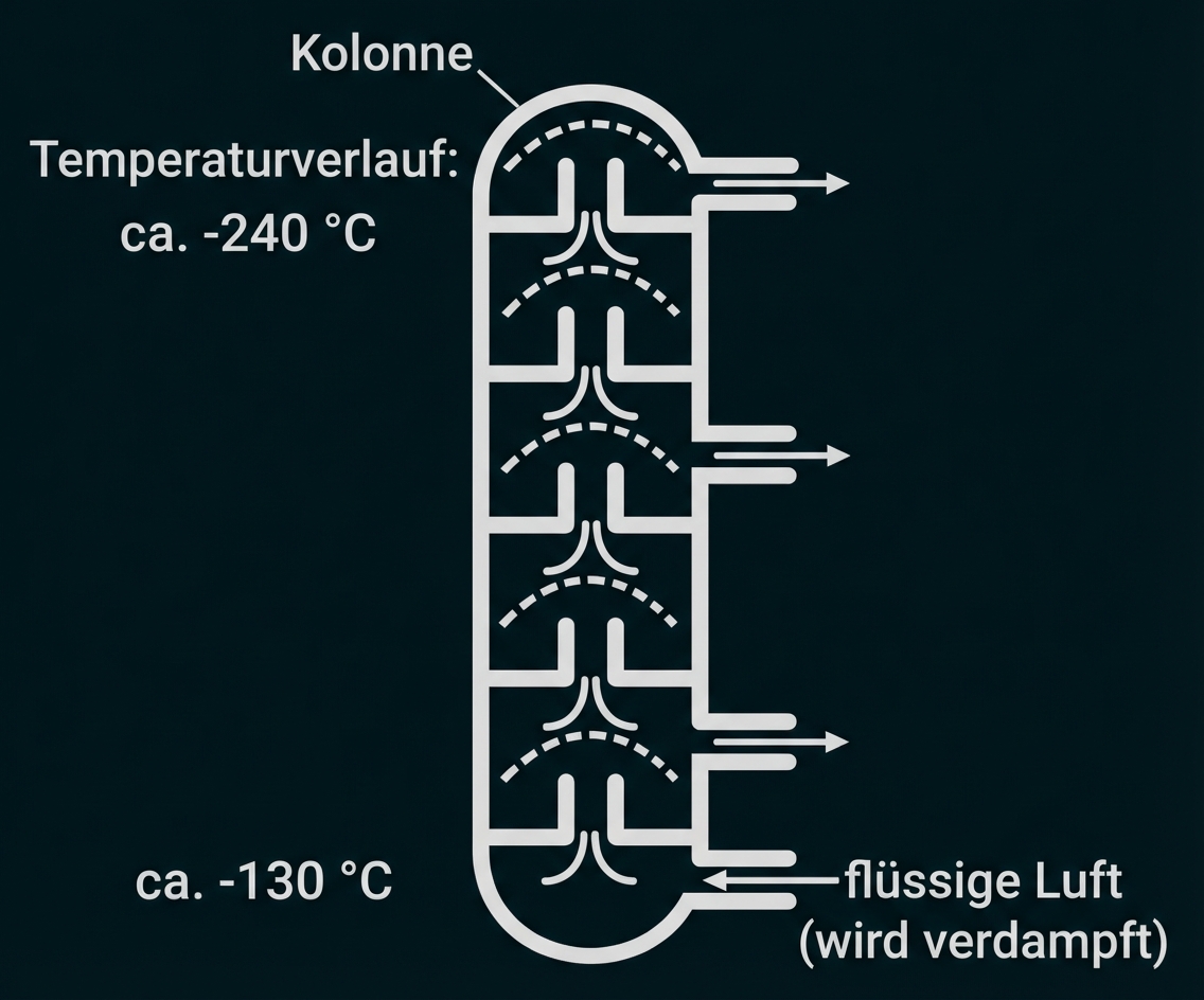 Schematische Kolonne zur Luftverflüssigung mit Temperaturverlauf und seitlichen Auslässen